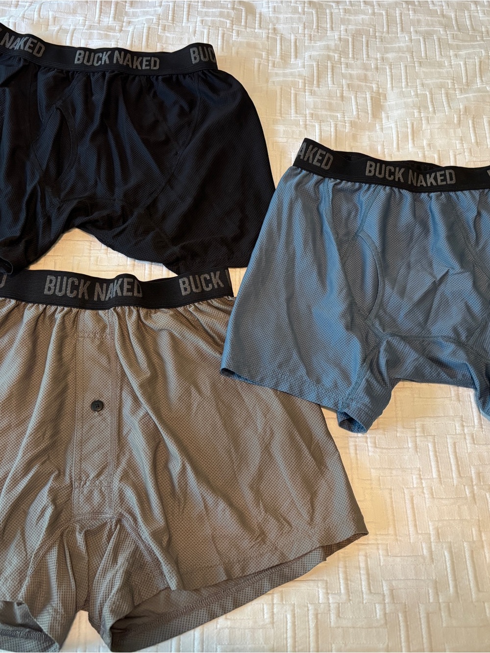 Men’s 3-Pack Performance “Buck Naked” Boxer Briefs — Black, Gray, Blue